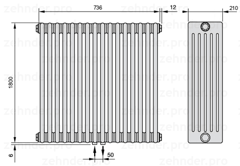 Схема (чертеж) Радиатор Zehnder Charleston 6180/16 №3470 Белый глянцевый RAL 9016